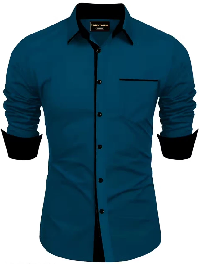Men's Teal Blue Solid Slim Fit Casual Shirt with Contrast Details