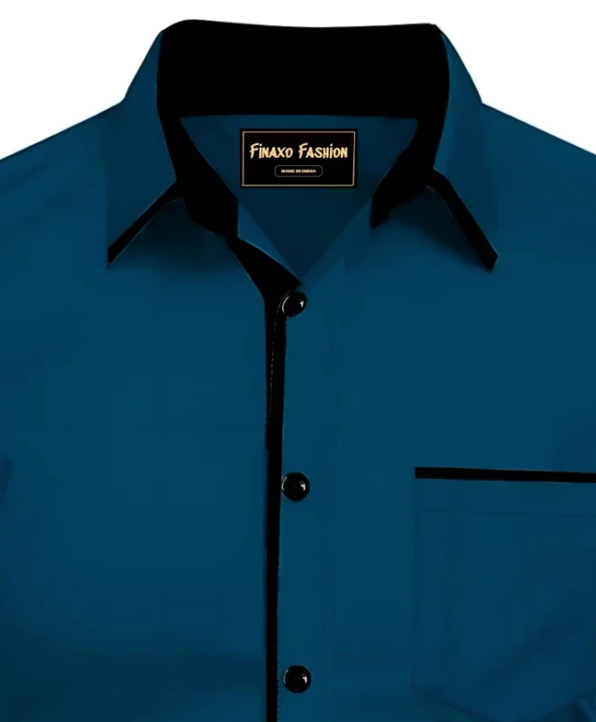 Men's Teal Blue Solid Slim Fit Casual Shirt with Contrast Details - View 2