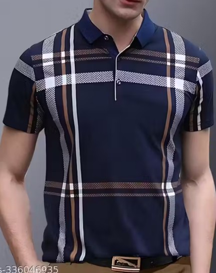 Men's Checked Polo Navy Blue Tshirts