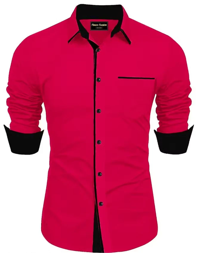 Men's Red Solid Slim Fit Casual Shirt with Contrast Details