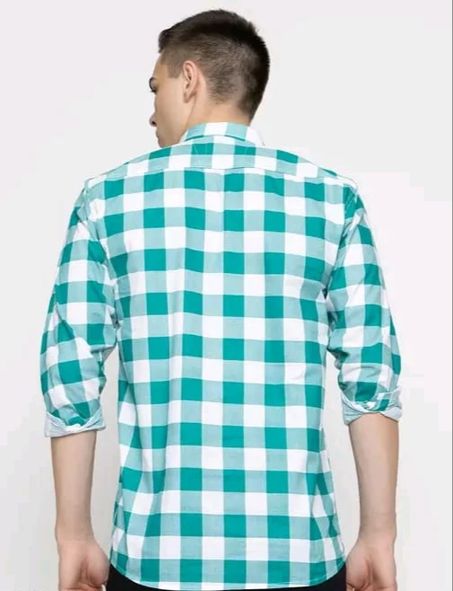 Men’s Teal Green & White Checkered Casual Cotton Shirt - View 3