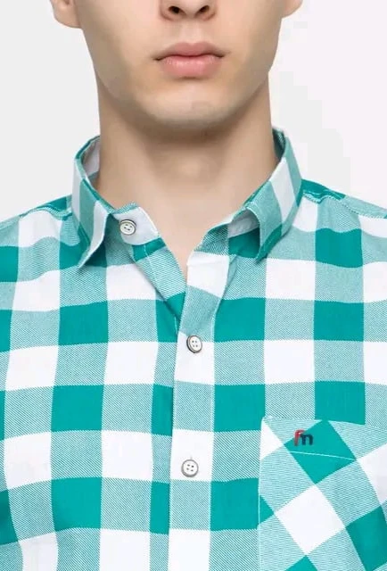 Men’s Teal Green & White Checkered Casual Cotton Shirt