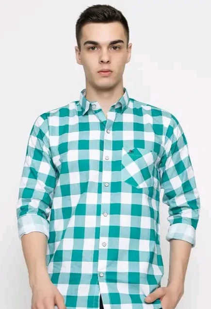 Men’s Teal Green & White Checkered Casual Cotton Shirt - View 1
