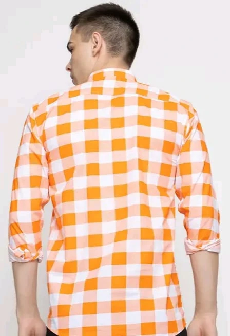 Men’s Orange & White Checkered Casual Cotton Shirt - View 3