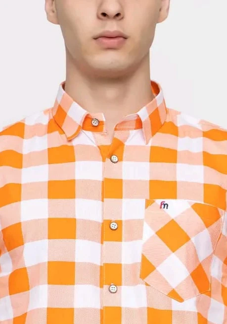 Men’s Orange & White Checkered Casual Cotton Shirt