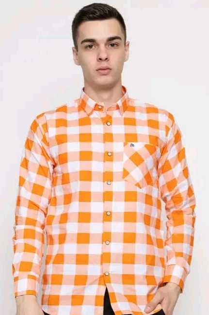 Men’s Orange & White Checkered Casual Cotton Shirt - View 1
