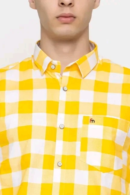 Men’s Yellow & White Checkered Casual Cotton Shirt - View 2