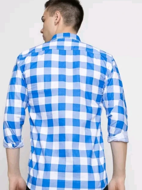 Men’s Blue & White Checkered Casual Cotton Shirt - View 3