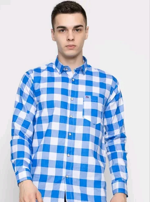 Men’s Blue & White Checkered Casual Cotton Shirt - View 2