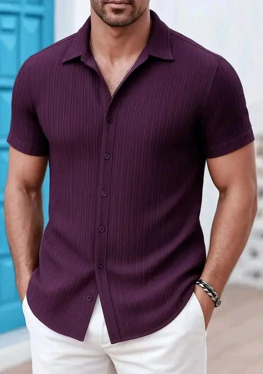 Men’s Wine Purple Ribbed Casual Shirt - View 2