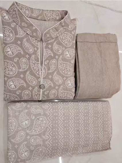 Women’s Beige Woolen Kurti Pant Set with Kashmiri Embroidery & Dupatta - View 1