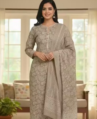 Women’s Beige Woolen Kurti Pant Set with Kashmiri Embroidery & Dupatta