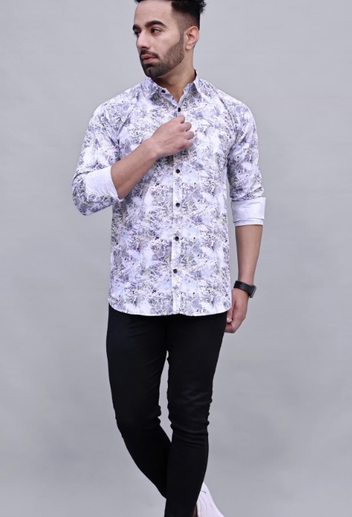 Men's White Abstract Print Slim Fit Casual Shirt