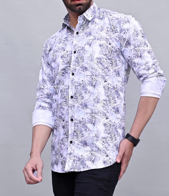Men's White Abstract Print Slim Fit Casual Shirt - View 2