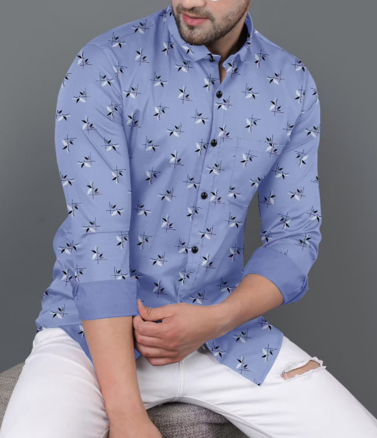Men's Light Blue Printed Slim Fit Casual Shirt - View 2