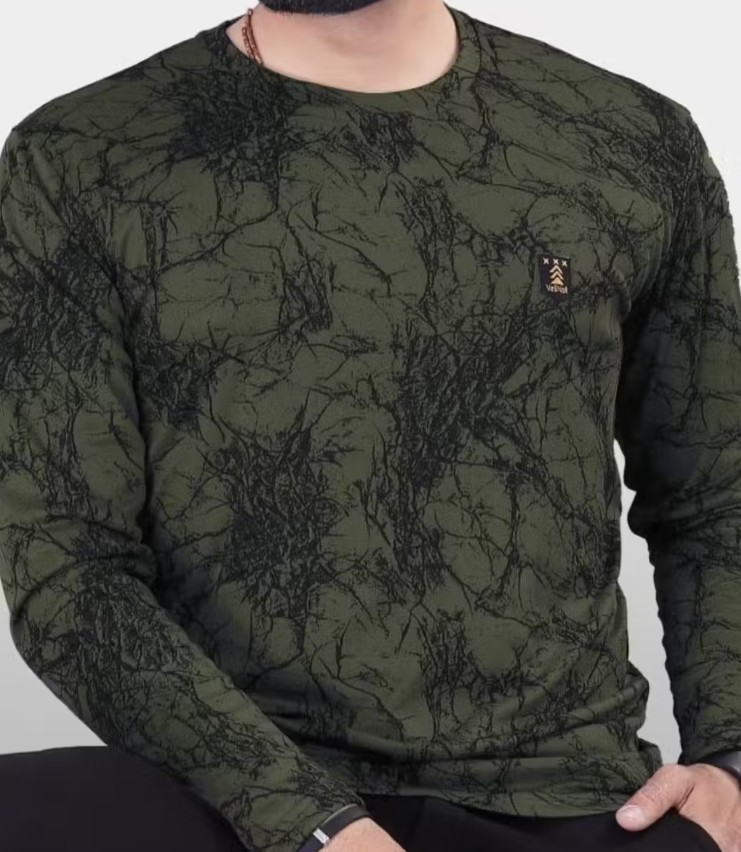 Men’s Olive Green Abstract Print Long-Sleeve T-Shirt - View 3