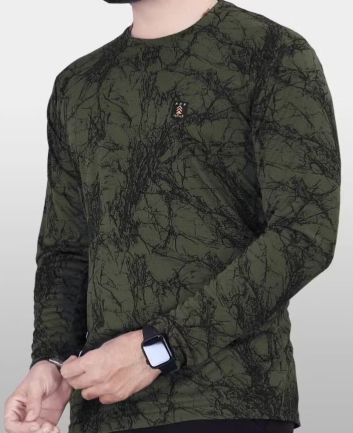 Men’s Olive Green Abstract Print Long-Sleeve T-Shirt