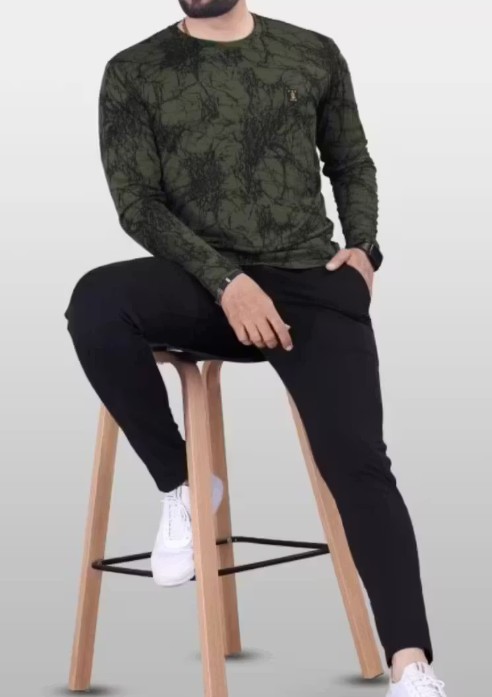 Men’s Olive Green Abstract Print Long-Sleeve T-Shirt - View 2