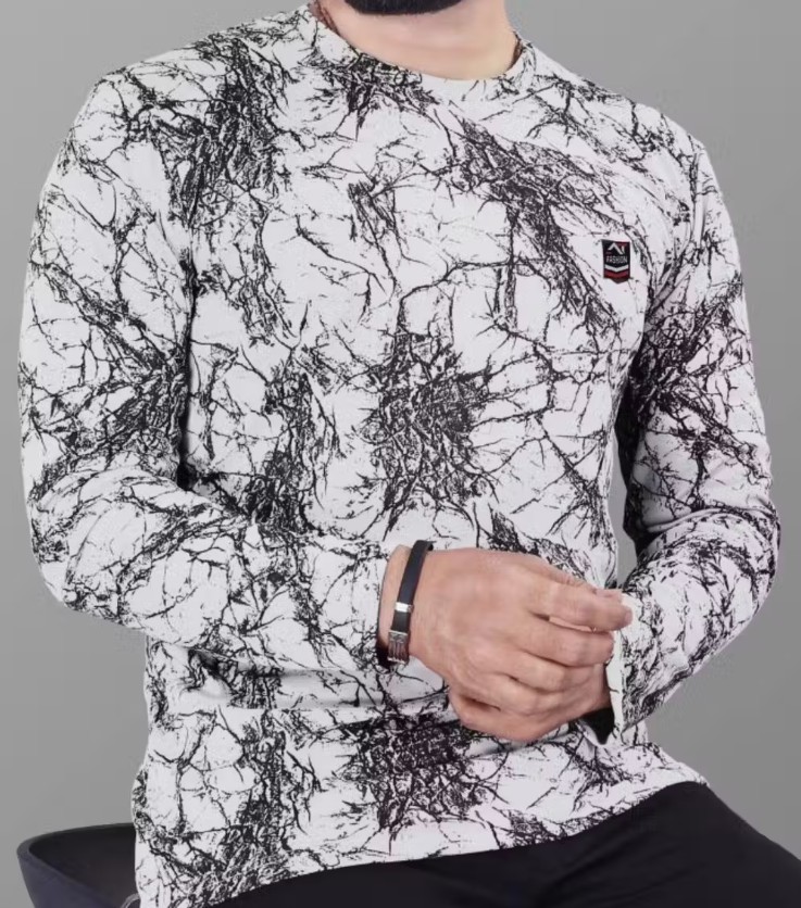 Men’s White Abstract Print Long-Sleeve T-Shirt